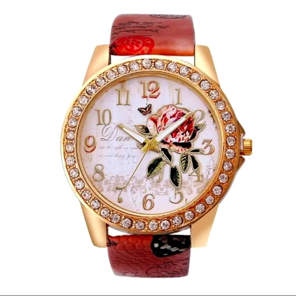 Rose Pattern Fashion Pointer Wrist Quartz Watch With Leather Strap..NWT..BROWN.. - Picture 2 of 3